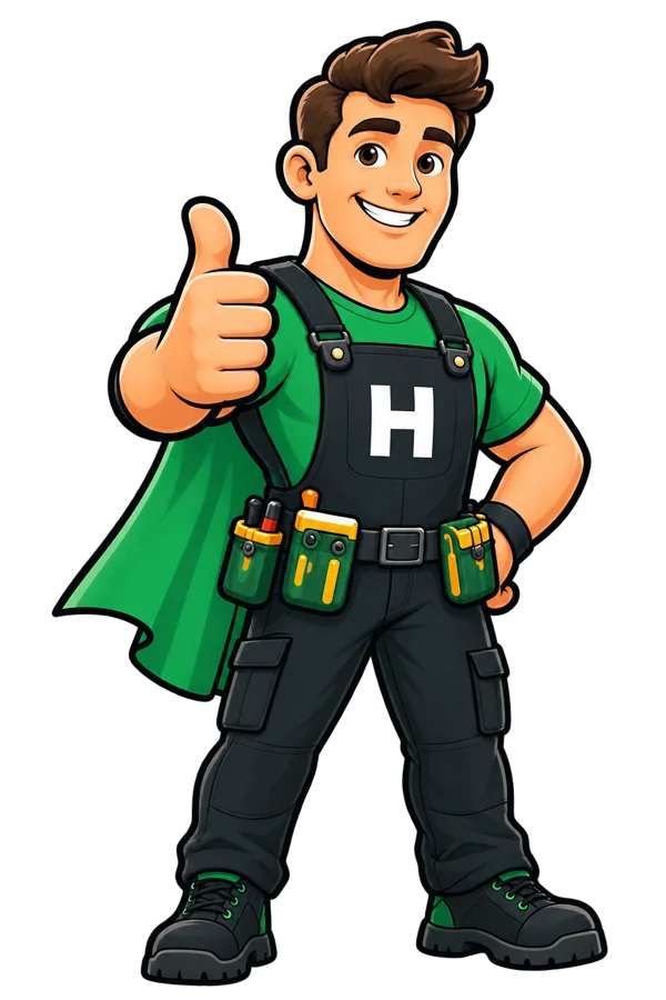 De HeroFix-mascotte: een vakman met groene cape en gereedschapsriem