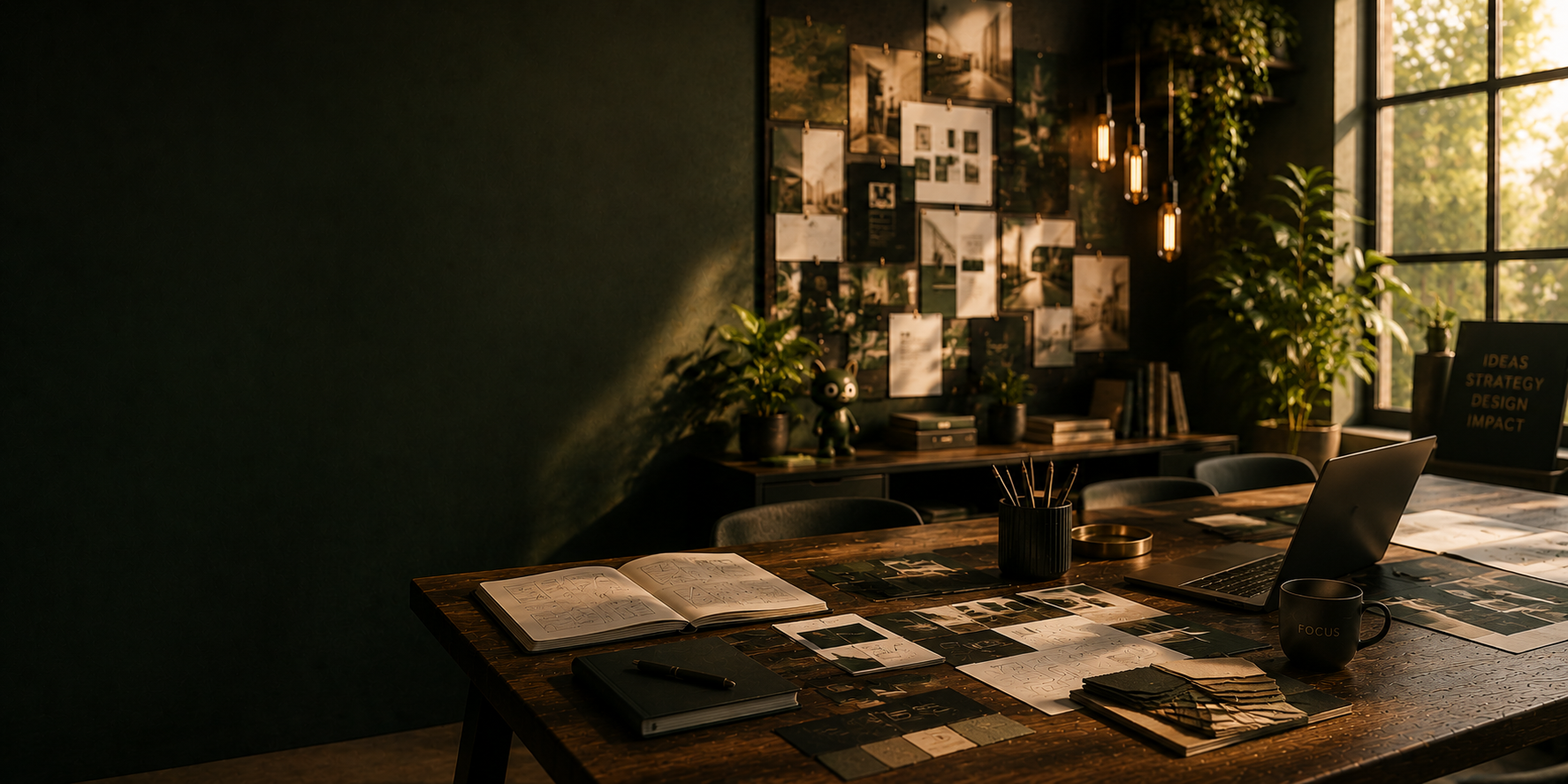 Creatieve werkruimte van Justinn met moodboard, schetsboeken, laptop en planten bij een groot raam