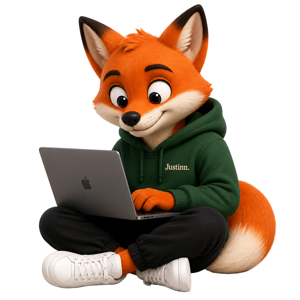 Justy, de mascotte van Justinn, werkt op een laptop